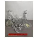 CLEAR GLASS DISHES, DECANTER, CLAYS CRYSTAL WORKS