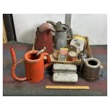 SEVERAL VINTAGE OIL CANS, TINS, WIRE, FUNNELS