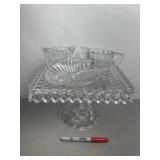 CLEAR GLASS CAKE PLATE, CREAMER & SUGAR