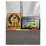MOTOR OILS & PLYMOUTH CUDA TIN SIGNS, 15" X 12 1/2