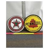 TEXECO & PENNZOIL ROUND TIN SIGNS, 11 3/4"