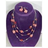 PINK BEADED 3 STRING NECKLACE & EARRING SET