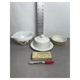 PYREX BOWLS, ENAMAL DISH W/ LID, BREAD WARMER