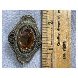 VINTAGE STYLE BRONZE TONE PIN W/ AMBER STONE