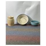 STONEWARE DISHES, BOWLS, LIDDED JAR, SOME CRACKS