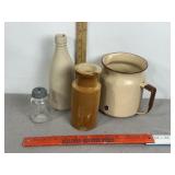 STONEWARE BOTTLES, ENAMALWARE PITCHER, GLASS JAR