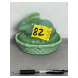 MOSSER GLASS JADITE BUNNY ON BASKET, 5 1/2" X 4"