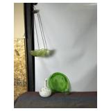 GREEN DEPRESSION GLASS, HANGING BASKET, VASE
