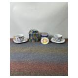 TEA CUPS & SAUCERS, TEA TIN, PAPER COASTERS