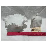 MILK GLASS HOBNAIL JELLY JAR W/ SPOON, RUFFLE DISH