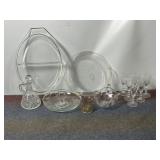CLEAR GLASS DISHES, LIDS, SMALL GLASSES, LEAF BOWL
