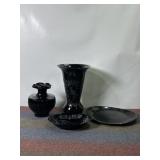 CAMBRIDGE GLASS EBONY BLACK VASE W/ PEACOCK ETCH