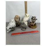 5 VAROIUS OWL FIGURES, SNOW OWL, 1 WOOD BASE