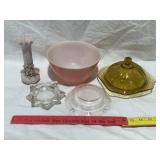 YELLOW DEPRESSION GLASS DISH, PYREX BOWL, VASE