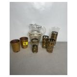 MID-CENTURY GOLD TRIMMED GLASSES & PITCHER