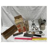 VINTAGE KITCHEN ITEMS, SMALL CROCK, MEAT GRINDER