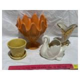 ORANGE SLAG GLASS VASE, RED WING SWAN, PLANTER