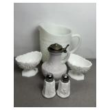 MILK GLASS PITCHER, CANDLE HOLDER, S & P SHAKER