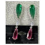 DANGLE EARRING, FUCHSIA RED & EMERALD GREEN STONES