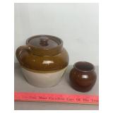 2 TONE STONEWARE COCK W/ LID, SMALL CROCK