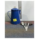 ENAMALEARE COFFEE POT, BOY SCOUT SILVERWARE SET