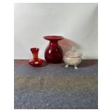 FOOTED DISH W/ LID. HAND BLOWN RAINBOW VASE
