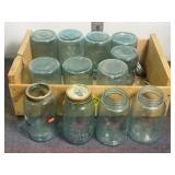 WOOD CRATE OF VINTAGE BLUE GLASS BALL JARS