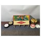 CARD GAMES, WHISTLES, HOCKY PUCKS, ELVIS TIN