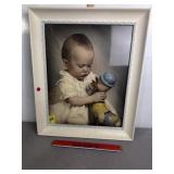 VINTAGE FRAMED BABY W/ DUCK PICTURE, 20" X 24"