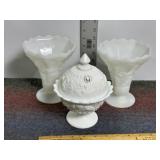 WESTMORELAND MILK GLASS DISH, PR MILK GLASS VASES