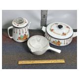 VINTAGE ENAMALWARE POTS, CORNING WARE DISH