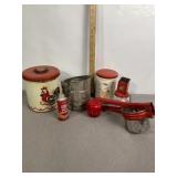 VINTAGE KITCHEN ITEMS, CANISTERS, SIFTERS, TIMER