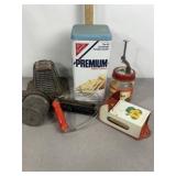 VINTAGE KITCHEN ITEMS, TOASTER, CRACKER TIN, MATCH