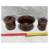 VINTAGE BROWN GLAZED STONEWARE CHEESE CROCKS