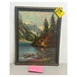 W.H. THOMPSON VINTAGE FRAMED LAKE CAMPING SCENE