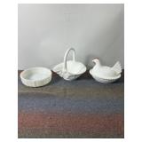 MILK GLASS HEN ON NEST, BASKET, BOWL