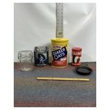 VINTAGE TINS, GLASS JAR, ROUND CAST IRON PAN