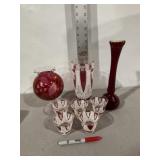VINTAGE RED COLORED DISHES, VASE, CUPS, PITCHER