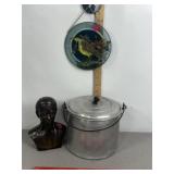 METAL POT W/ LID, STAING GLASS BIRD, METAL BUST