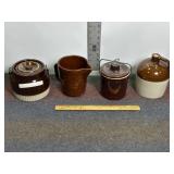 STONEWARE CROCKS W/ LIDS & PITCHER