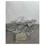 CLEAR GLASS DISHES, CANDLE HOLDERS, BASKET, BOWLS