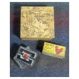 SUGAR BOWL, BRAVE GIRL TIN, ENGRAVED WOOD BOX