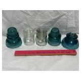 5 VINTAGE GLASS INSULATORS