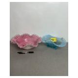 FENTON ART GLASS RUFFLED BOWLS, PINK & BLUE