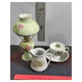 LEFTON HAND PAINTED KEROSENE LAMP, TEA CUP/SAUCER