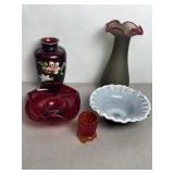 RED GLASSWARE, VASES, BOWLS
