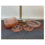 PINK DEPRESSION GLASS CANDLE HOLDERS, S & P SHAKER