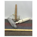 GLASS ROLLING PINS, PINK GLASS, SMALL MILK BTL