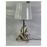 HANDMADE DEER ANTLER LAMP W/ JACK BTL, 30" T