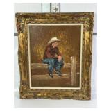 JOHN JONES OIL ON CANVAS COWBOY ON FENCE 16" X 20"